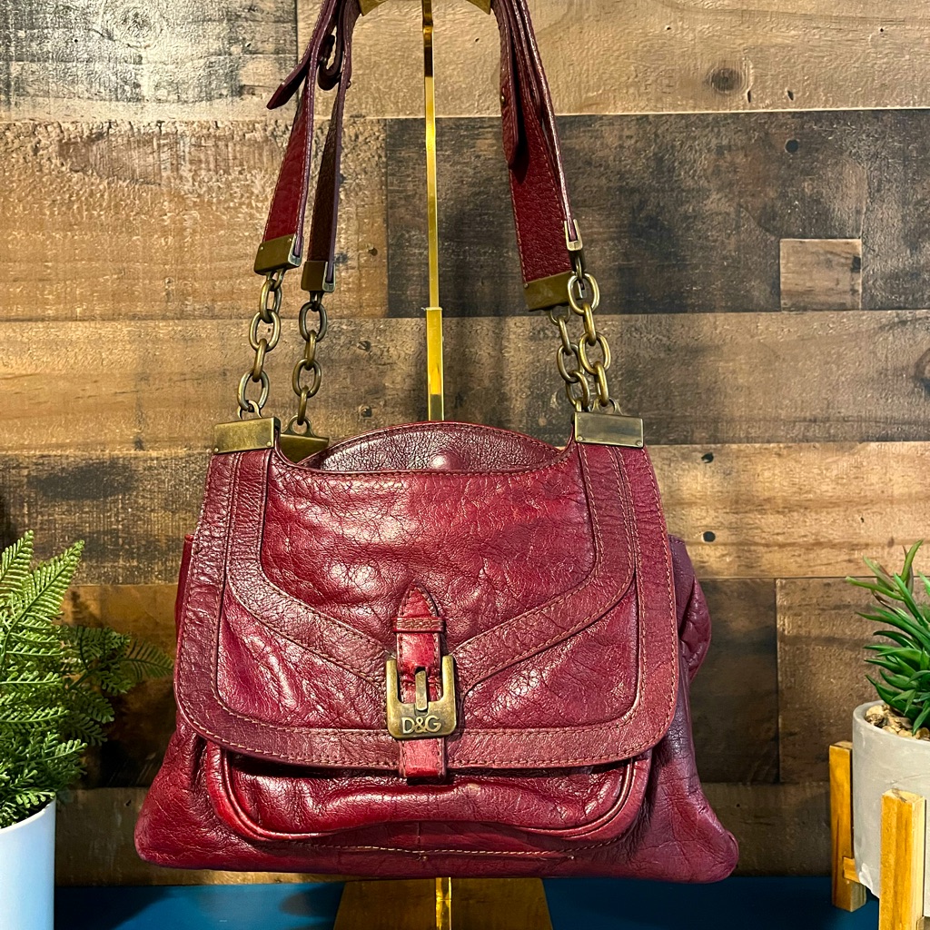 Dolce  Gabbana Vintage Burgundy Wine Shoulder Bag Leather Brass Red Authentic